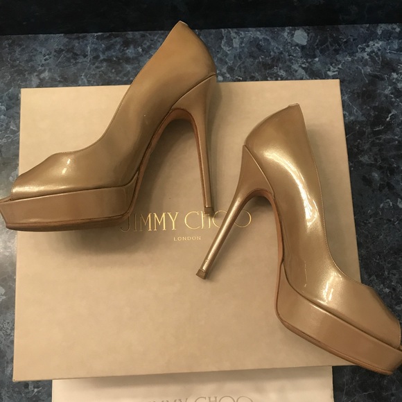 Jimmy Choo Luna 100 Taupe Patent Peep Toe Heels - Picture 3 of 7